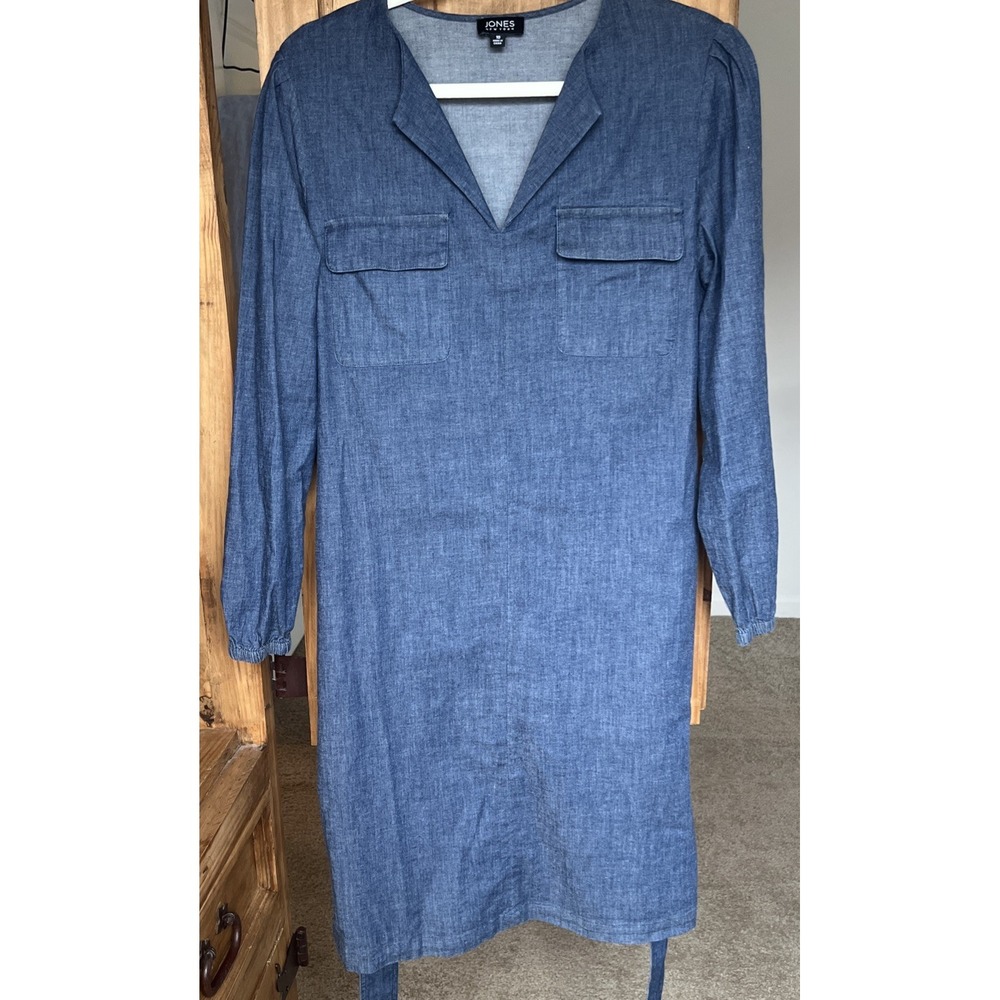 Jones New York Women's Blue Denim Shirt Dress Long Sleeve V-Neck Belted 10